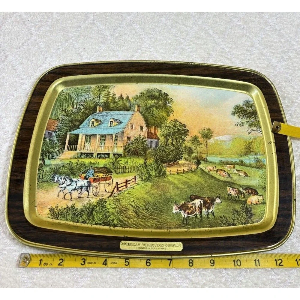 Vintage 70s Currier & Ives American Homestead Summer Scene Metal Tray